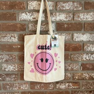 Cute Smiley Face Tote Bag - Pink and Tan